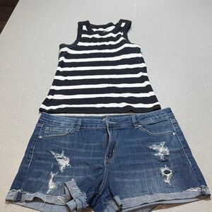Women's Blue Distressed Jean Shorts & tank top